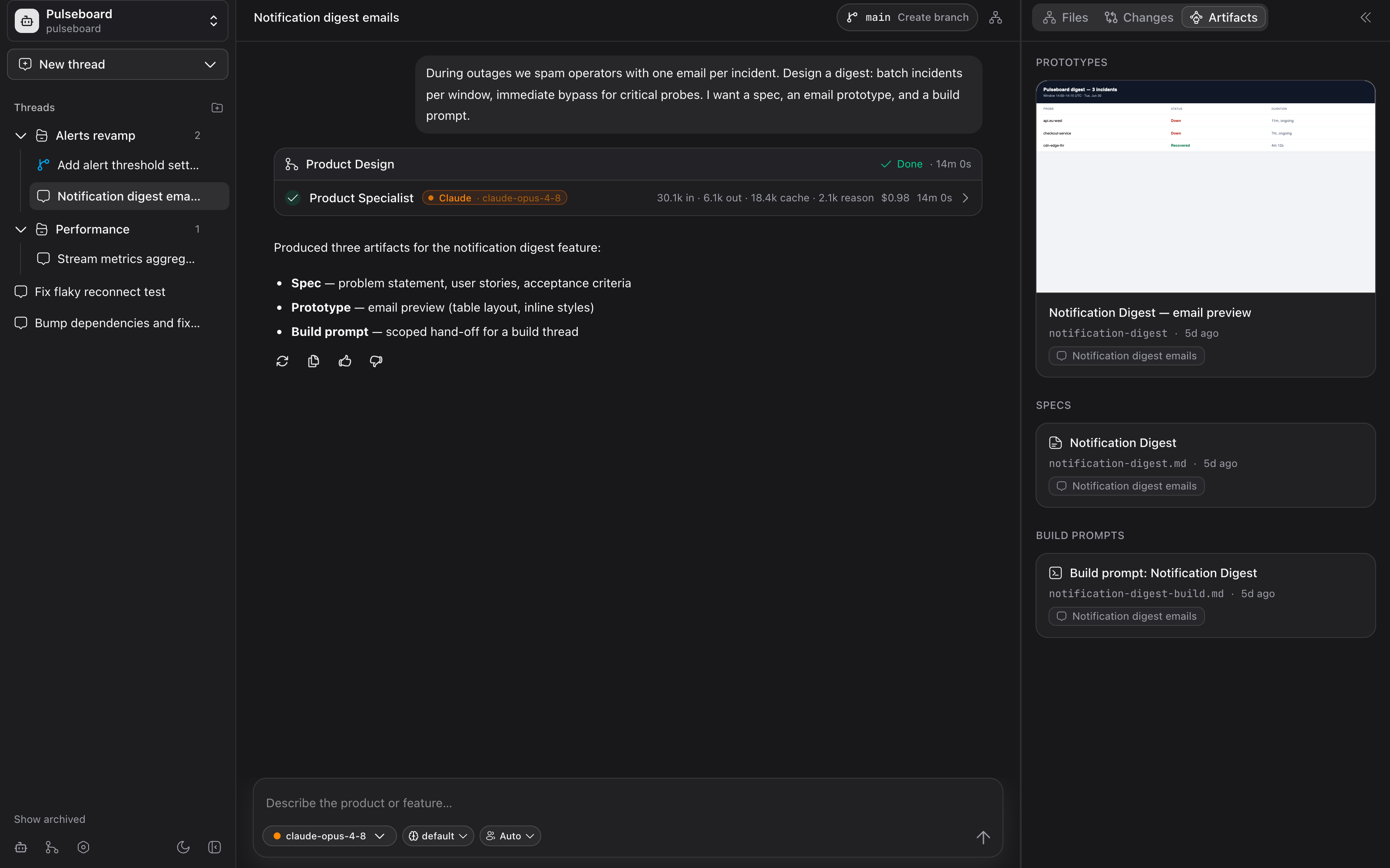 Artifacts gallery with a rendered email prototype, a spec, and a build prompt