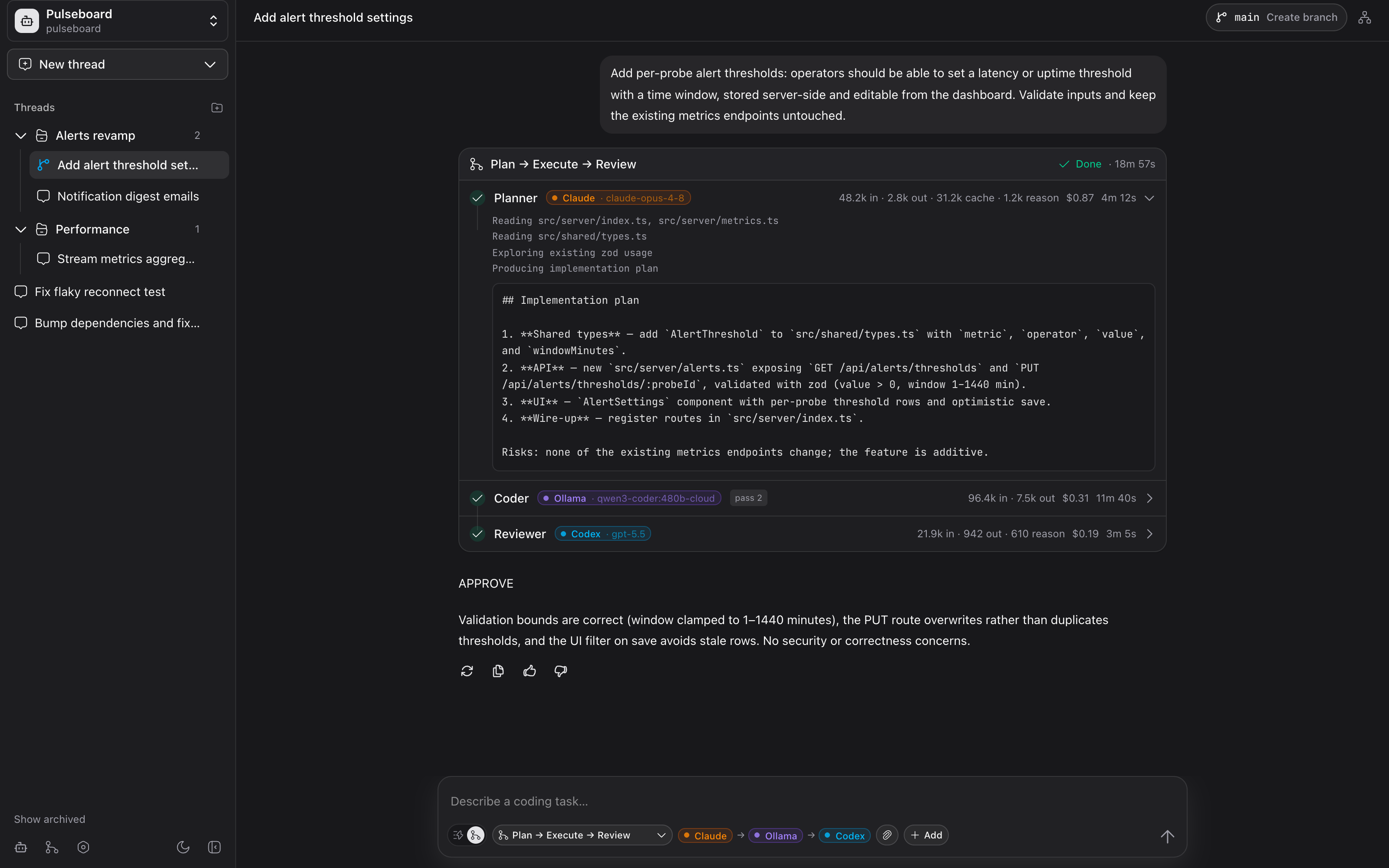 Mr Rawbot running a Plan → Execute → Review workflow with per-step status, tokens, cost, and duration