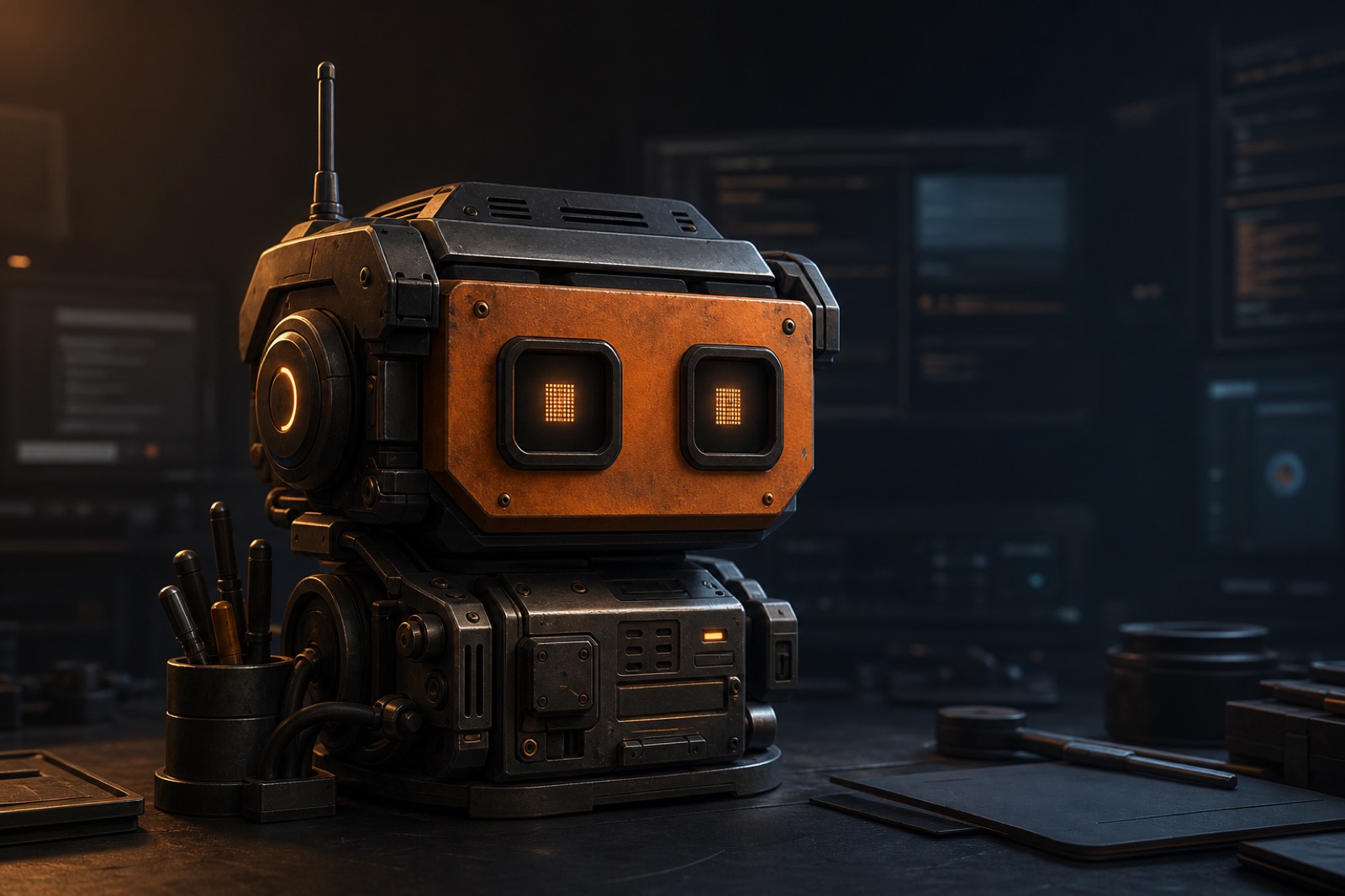 A rugged copper robot workbench device in a dark engineering studio, representing the Mr Rawbot brand identity